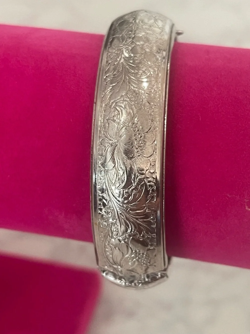 Engraved Floral Silver-Tone Bangle Bracelet - Women Jewelry